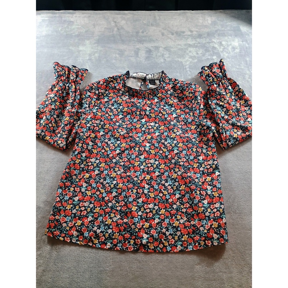 SHEIN Womens Floral‎ Mock Neck Blouse Multicolor Small Smocked Cuffs
